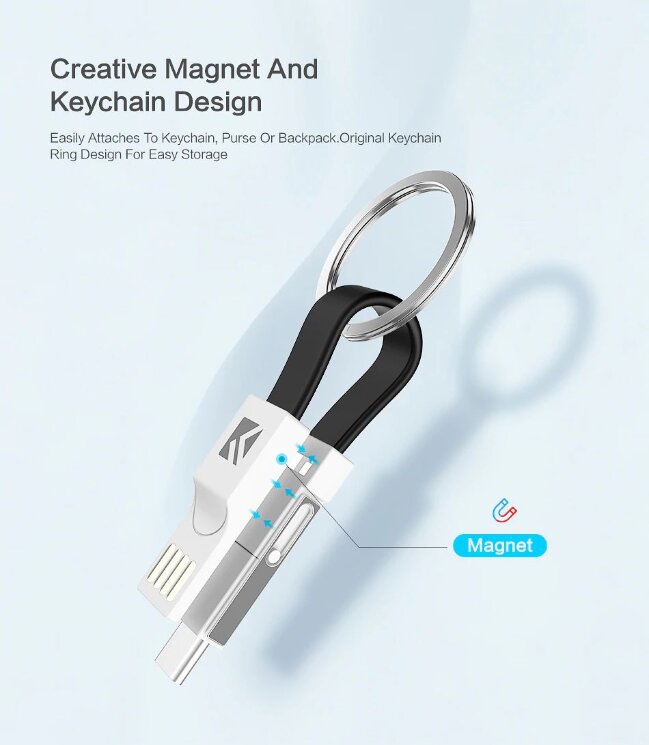 USB - USB Type-C + microUSB + Lightning (iphone) брелок кабель зарядки и передачи данных, плоский, магнитный FLOVEME 3 в 1  